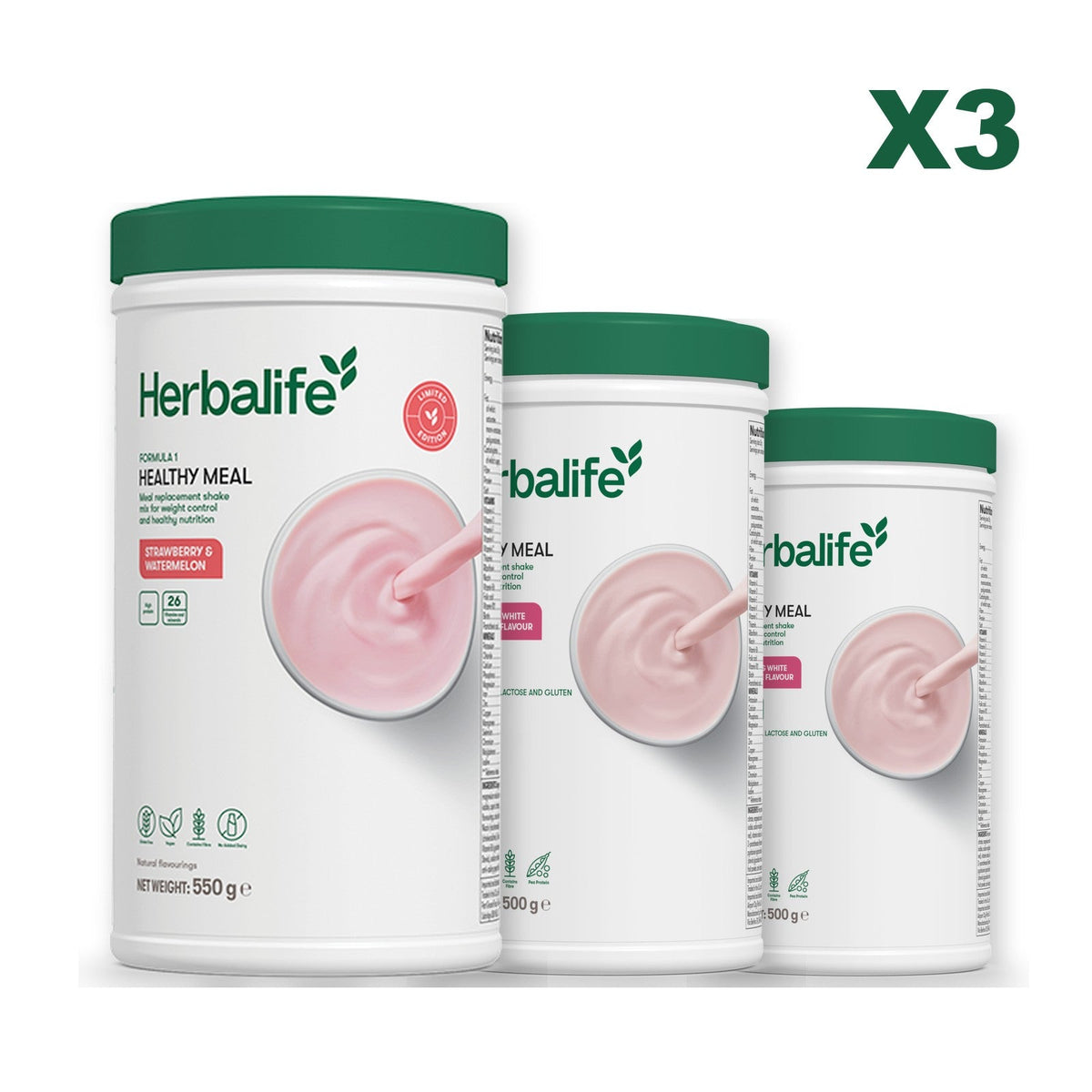 Formula 1 Strawberry Watermelon meal shake tub shown with two further Formula 1 tubs, Free From Raspberry & White Chocolate / Free From Raspberry & White Chocolate