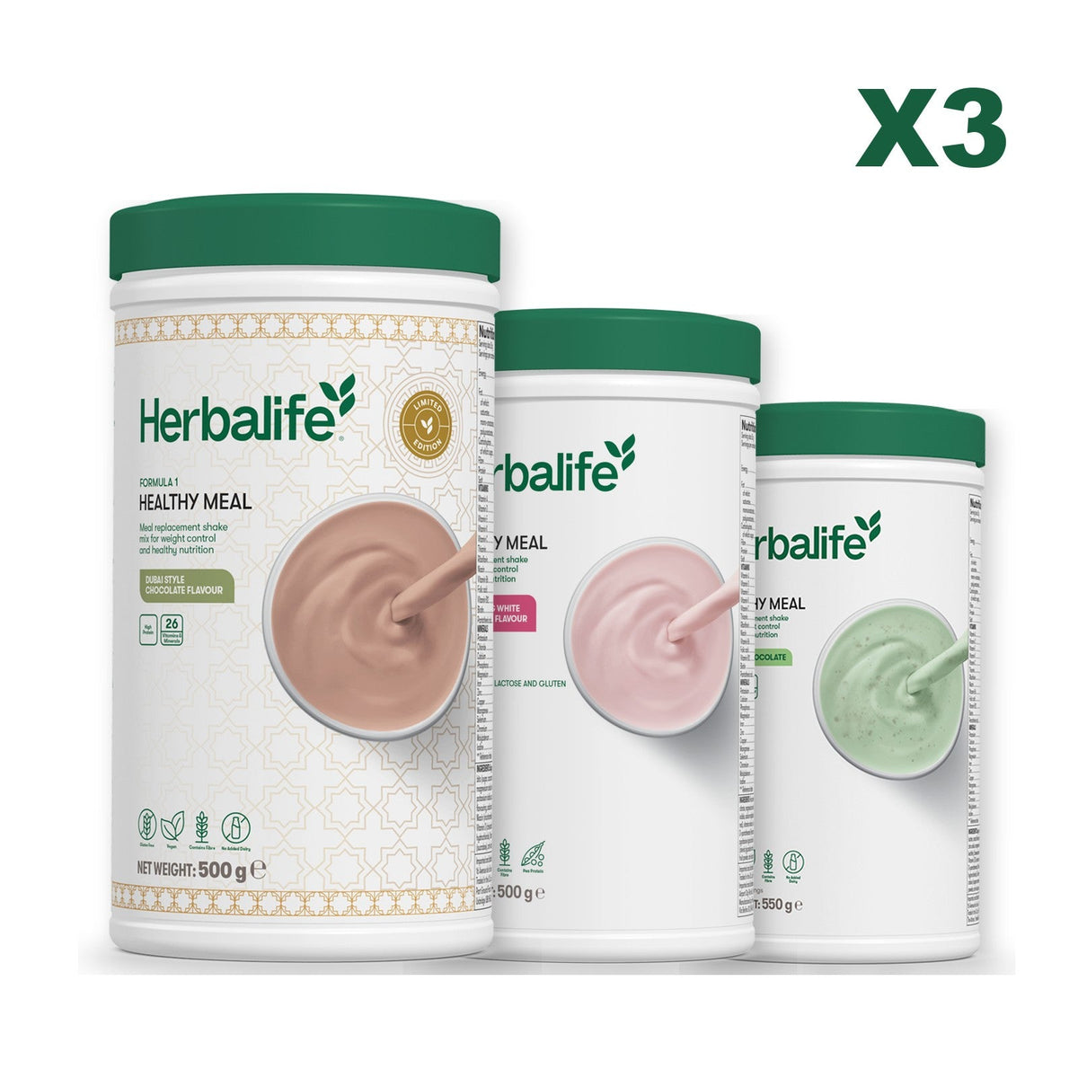 Formula 1 Dubai Style Chocolate meal shake tub shown with two further Formula 1 tubs, Free From Raspberry & White Chocolate / Mint Chocolate