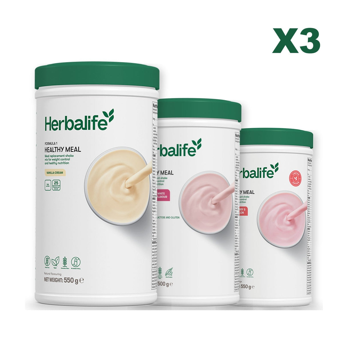 Three Formula 1 shake tubs led by Vanilla Cream, plus two flavours you choose, Free From Raspberry & White Chocolate / Strawberry Watermelon