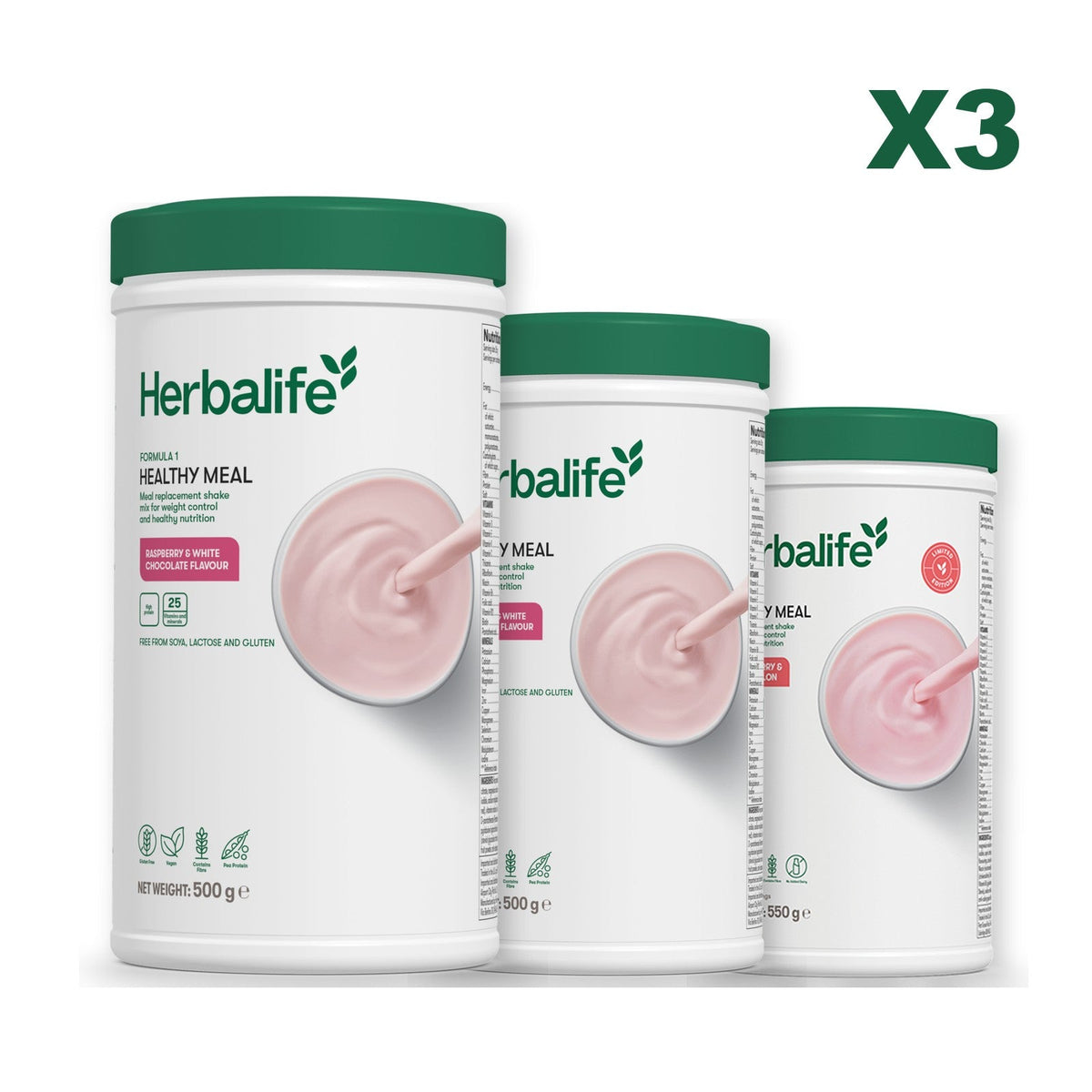 Three Formula 1 shake tubs led by Free From Raspberry and White Chocolate, plus two flavours you choose, Free From Raspberry & White Chocolate / Strawberry Watermelon