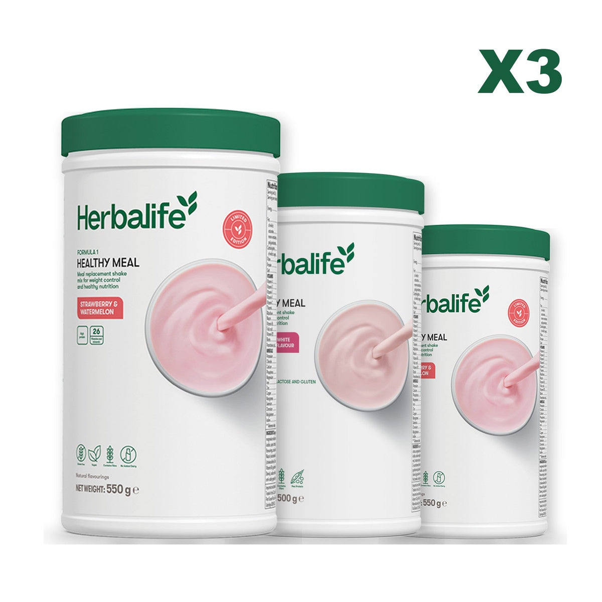 Formula 1 Strawberry Watermelon meal shake tub shown with two further Formula 1 tubs, Free From Raspberry & White Chocolate / Strawberry Watermelon