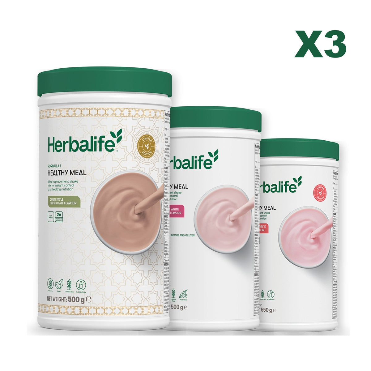 Formula 1 Dubai Style Chocolate meal shake tub shown with two further Formula 1 tubs, Free From Raspberry & White Chocolate / Strawberry Watermelon