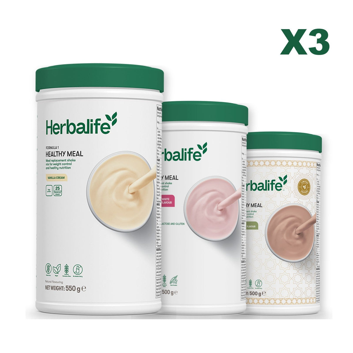 Three Formula 1 shake tubs led by Vanilla Cream, plus two flavours you choose, Free From Raspberry & White Chocolate / Dubai Style Chocolate