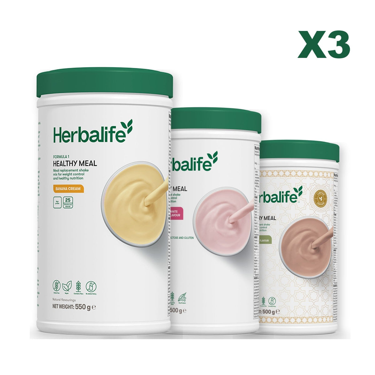 Three Formula 1 shake tubs led by Banana Cream, plus two flavours you choose, Free From Raspberry & White Chocolate / Dubai Style Chocolate