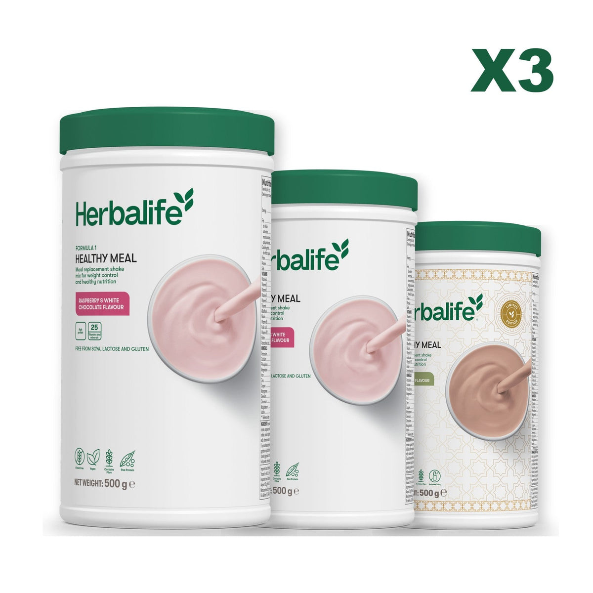 Three Formula 1 shake tubs led by Free From Raspberry and White Chocolate, plus two flavours you choose, Free From Raspberry & White Chocolate / Dubai Style Chocolate