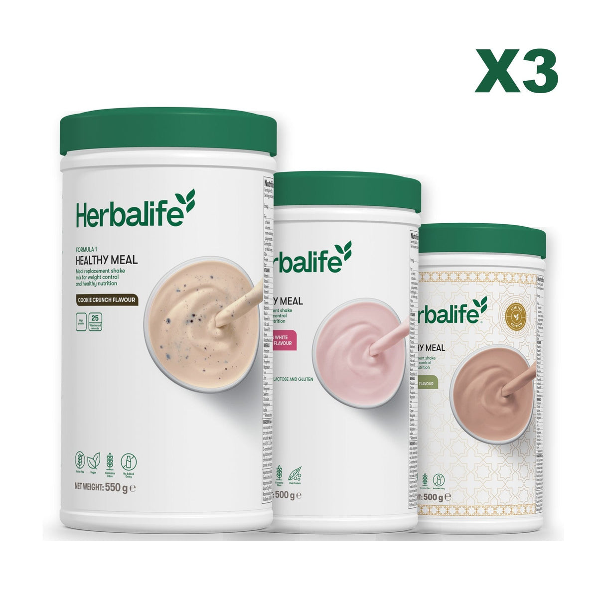 Three Formula 1 shake tubs led by Cookie Crunch, plus two flavours you choose, Free From Raspberry & White Chocolate / Dubai Style Chocolate