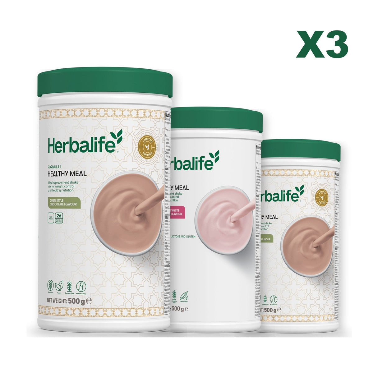 Formula 1 Dubai Style Chocolate meal shake tub shown with two further Formula 1 tubs, Free From Raspberry & White Chocolate / Dubai Style Chocolate
