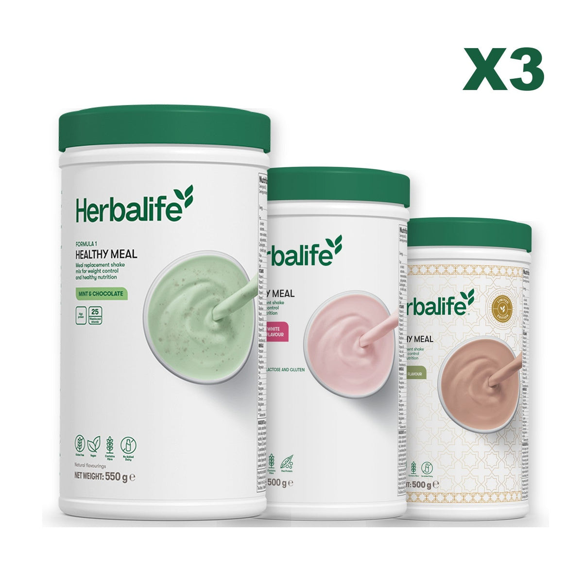 Three Formula 1 shake tubs led by Mint Chocolate, plus two flavours you choose, Free From Raspberry & White Chocolate / Dubai Style Chocolate