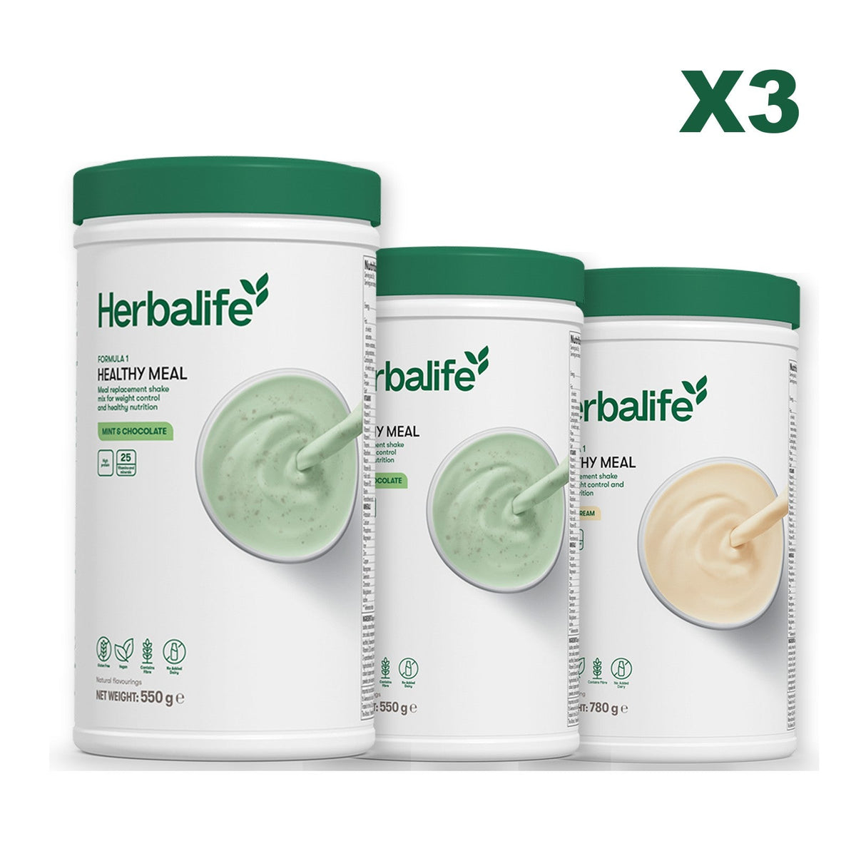 Three Formula 1 shake tubs led by Mint Chocolate, plus two flavours you choose, Mint Chocolate / Vanilla (Large 780g)