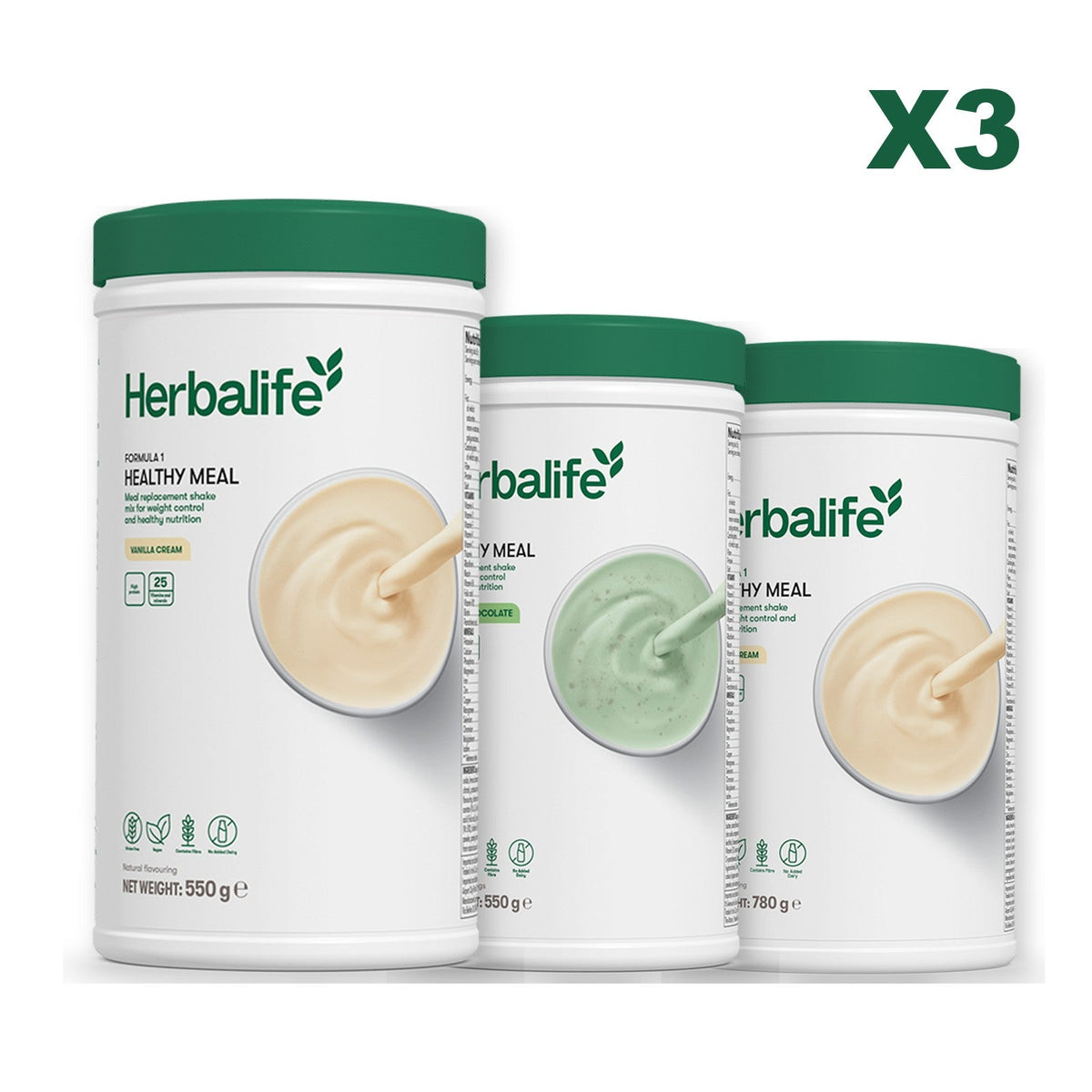 Three Formula 1 shake tubs led by Vanilla Cream, plus two flavours you choose, Mint Chocolate / Vanilla (Large 780g)
