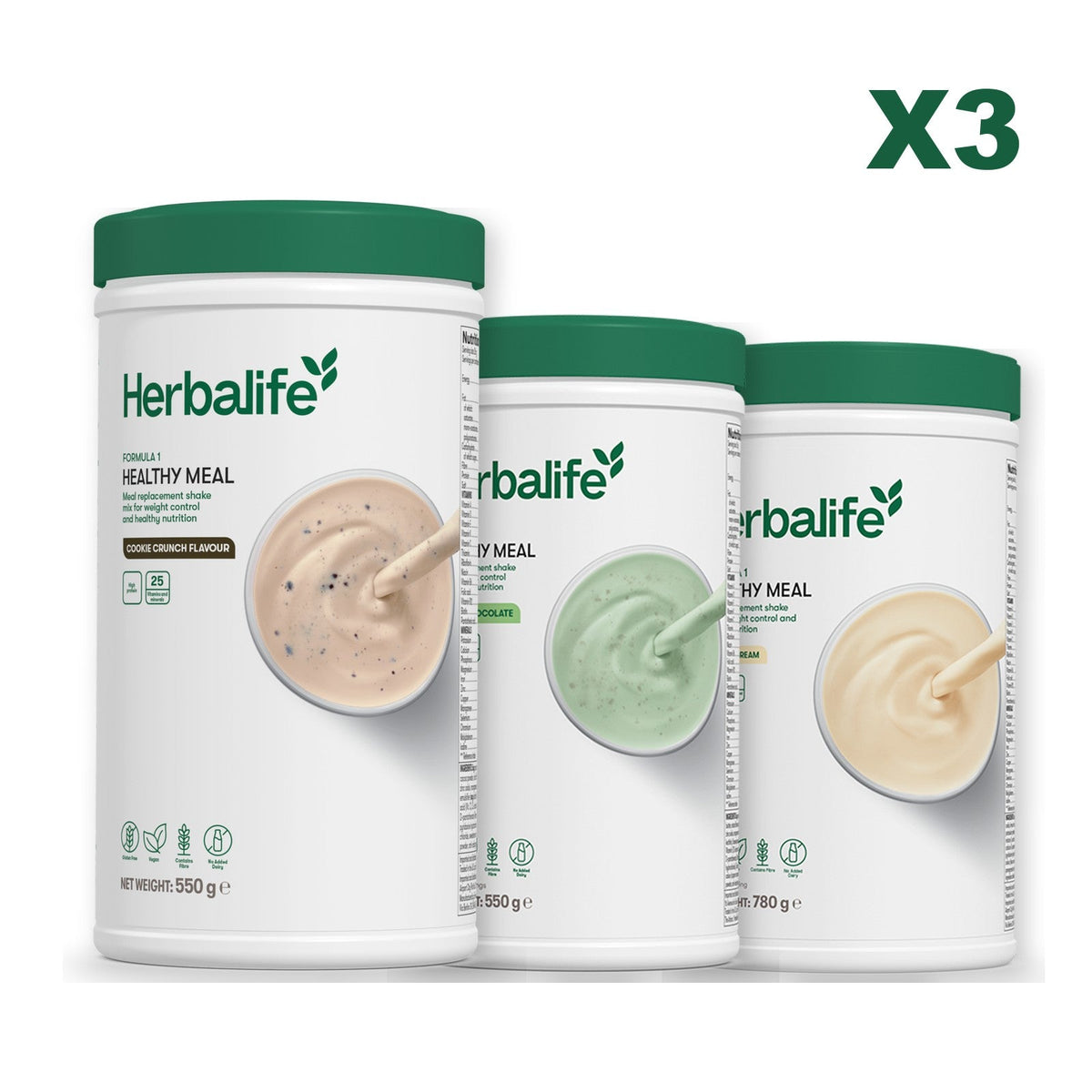 Three Formula 1 shake tubs led by Cookie Crunch, plus two flavours you choose, Mint Chocolate / Vanilla (Large 780g)