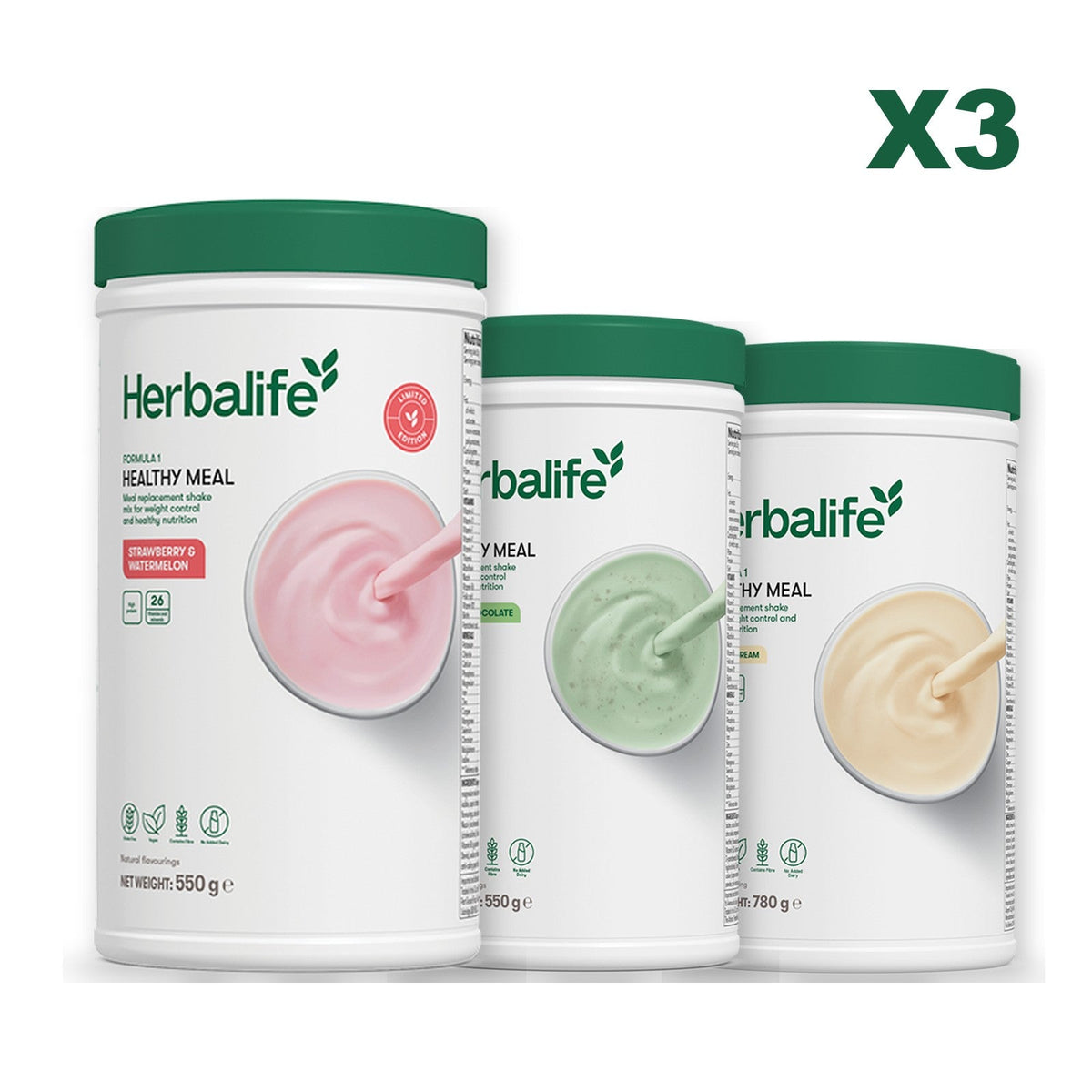 Formula 1 Strawberry Watermelon meal shake tub shown with two further Formula 1 tubs, Mint Chocolate / Vanilla (Large 780g)