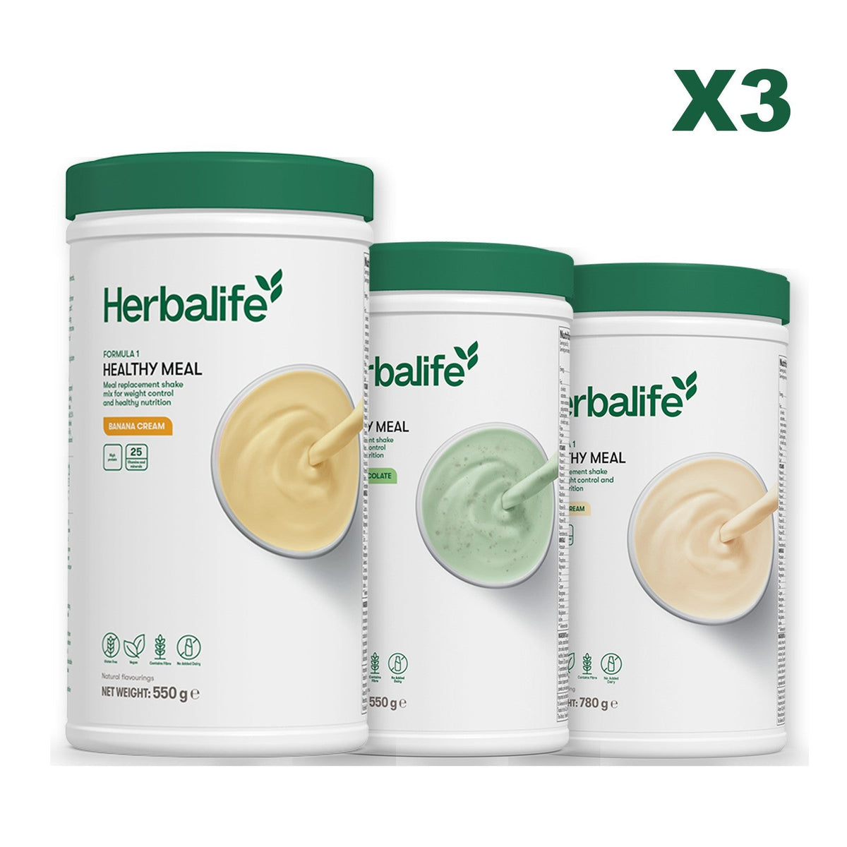 Three Formula 1 shake tubs led by Banana Cream, plus two flavours you choose, Mint Chocolate / Vanilla (Large 780g)