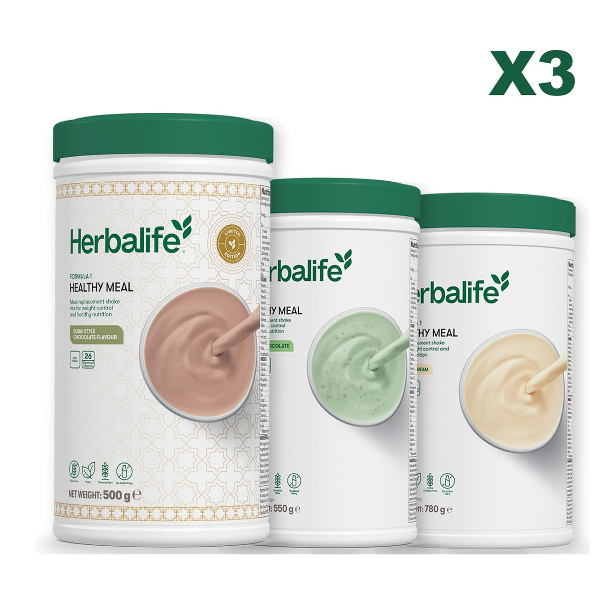 Formula 1 Dubai Style Chocolate meal shake tub shown with two further Formula 1 tubs, Mint Chocolate / Vanilla (Large 780g)