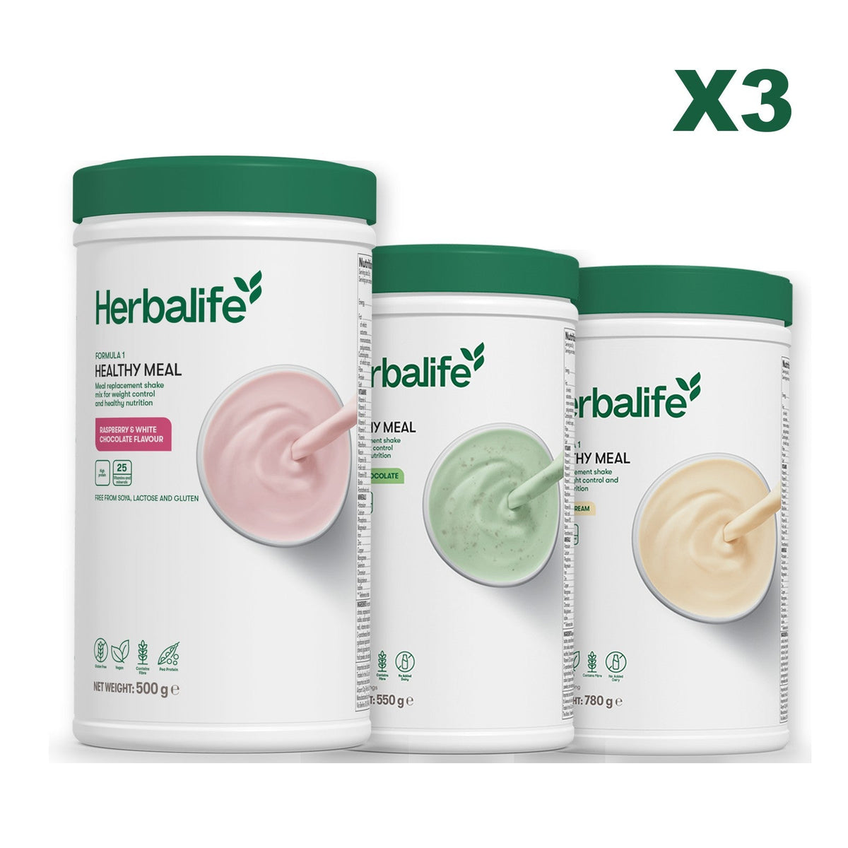 Three Formula 1 shake tubs led by Free From Raspberry and White Chocolate, plus two flavours you choose, Mint Chocolate / Vanilla (Large 780g)