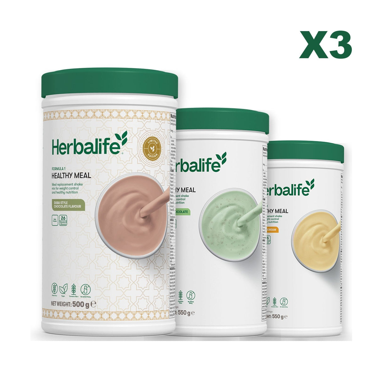Formula 1 Dubai Style Chocolate meal shake tub shown with two further Formula 1 tubs, Mint Chocolate / Banana Cream