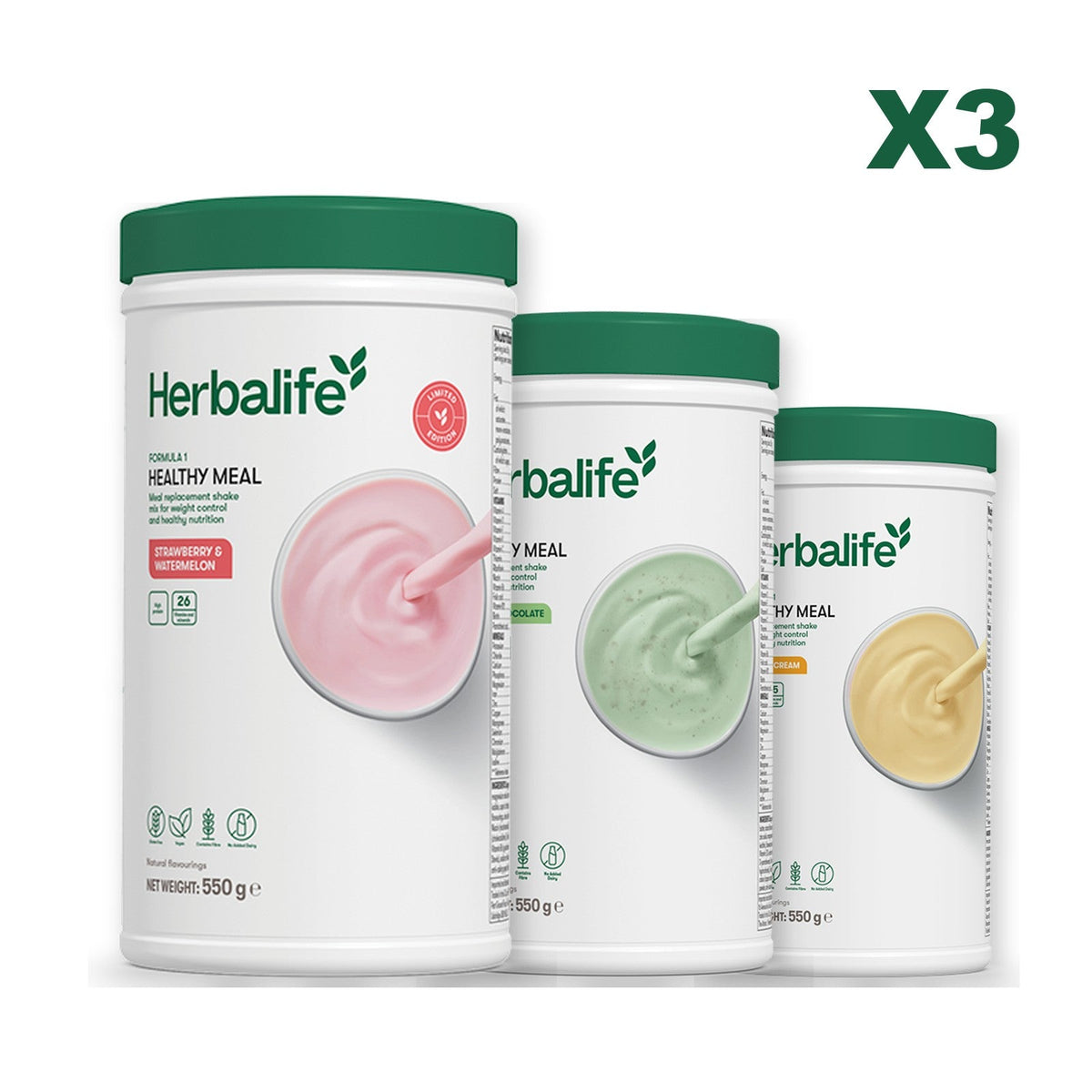 Formula 1 Strawberry Watermelon meal shake tub shown with two further Formula 1 tubs, Mint Chocolate / Banana Cream