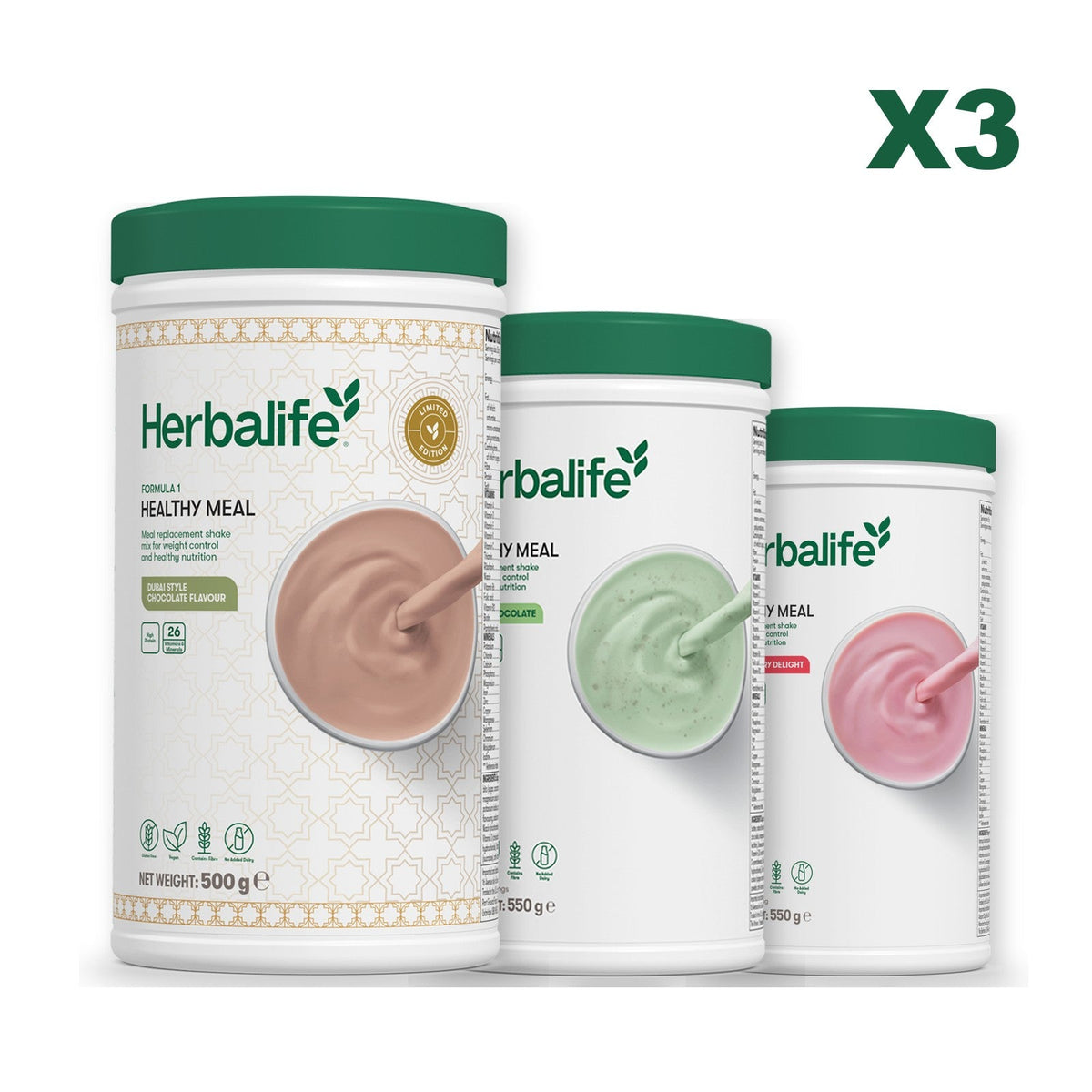 Formula 1 Dubai Style Chocolate meal shake tub shown with two further Formula 1 tubs, Mint Chocolate / Strawberry