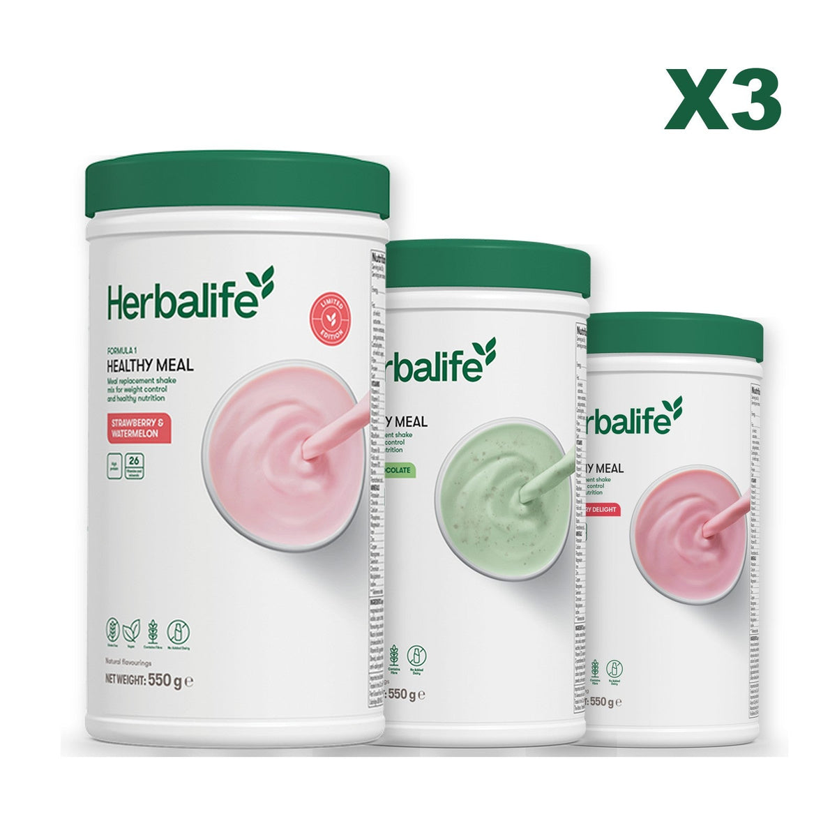 Formula 1 Strawberry Watermelon meal shake tub shown with two further Formula 1 tubs, Mint Chocolate / Strawberry