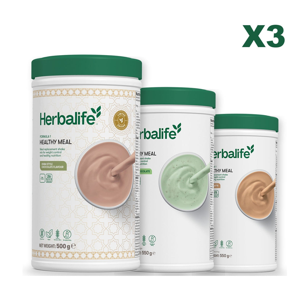 Formula 1 Dubai Style Chocolate meal shake tub shown with two further Formula 1 tubs, Mint Chocolate / Cafe Latte