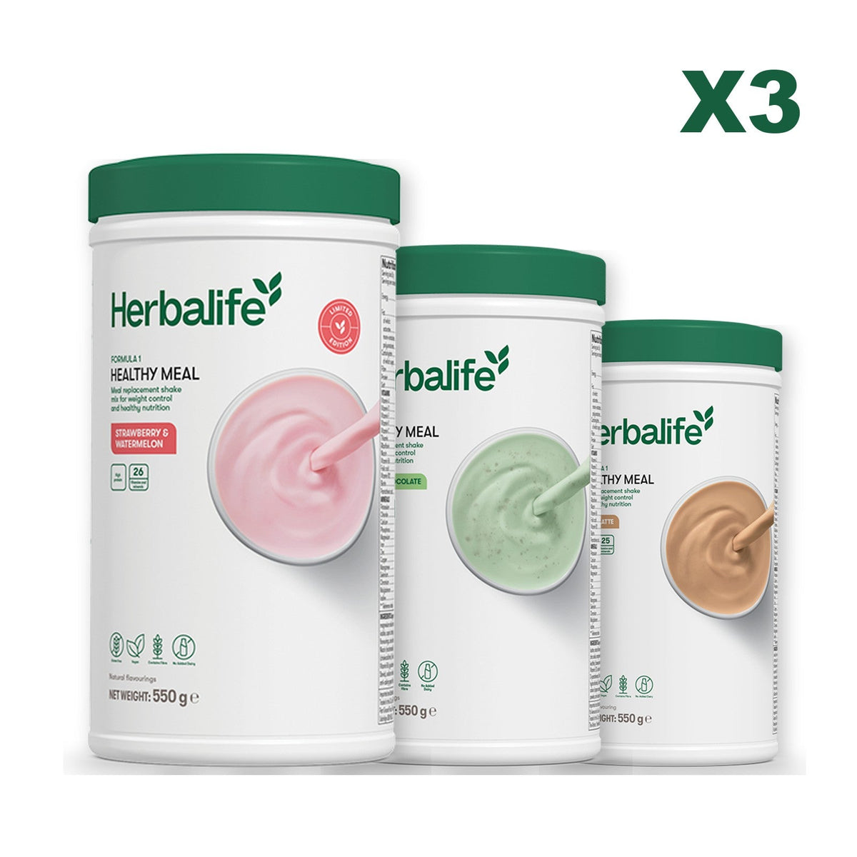 Formula 1 Strawberry Watermelon meal shake tub shown with two further Formula 1 tubs, Mint Chocolate / Cafe Latte