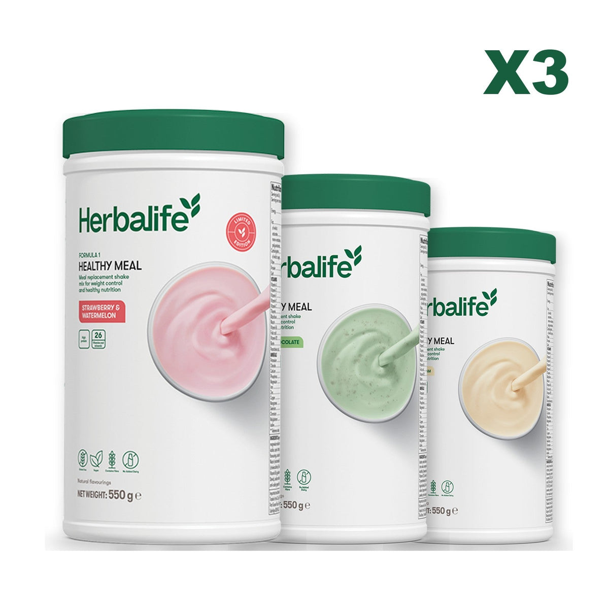 Formula 1 Strawberry Watermelon meal shake tub shown with two further Formula 1 tubs, Mint Chocolate / Vanilla