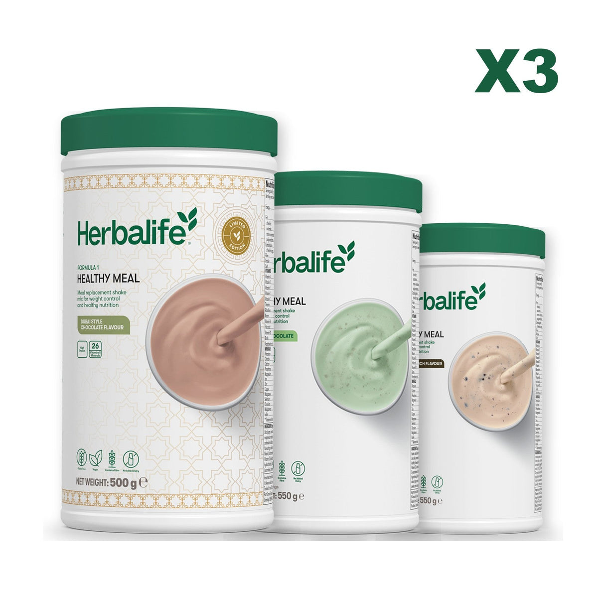 Formula 1 Dubai Style Chocolate meal shake tub shown with two further Formula 1 tubs, Mint Chocolate / Cookie Crunch