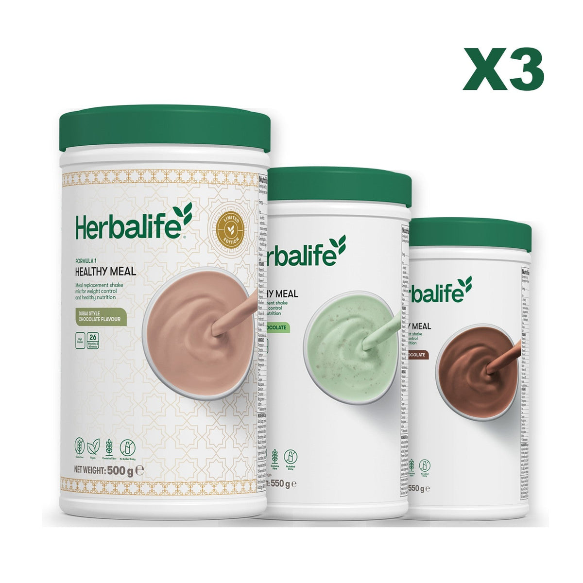 Formula 1 Dubai Style Chocolate meal shake tub shown with two further Formula 1 tubs, Mint Chocolate / Chocolate