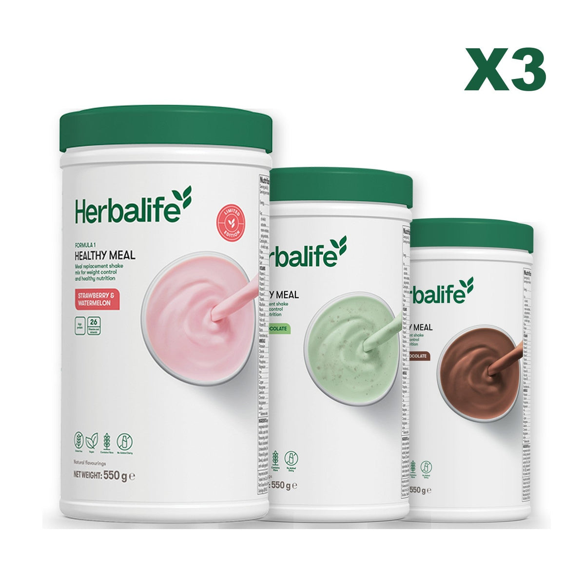 Formula 1 Strawberry Watermelon meal shake tub shown with two further Formula 1 tubs, Mint Chocolate / Chocolate