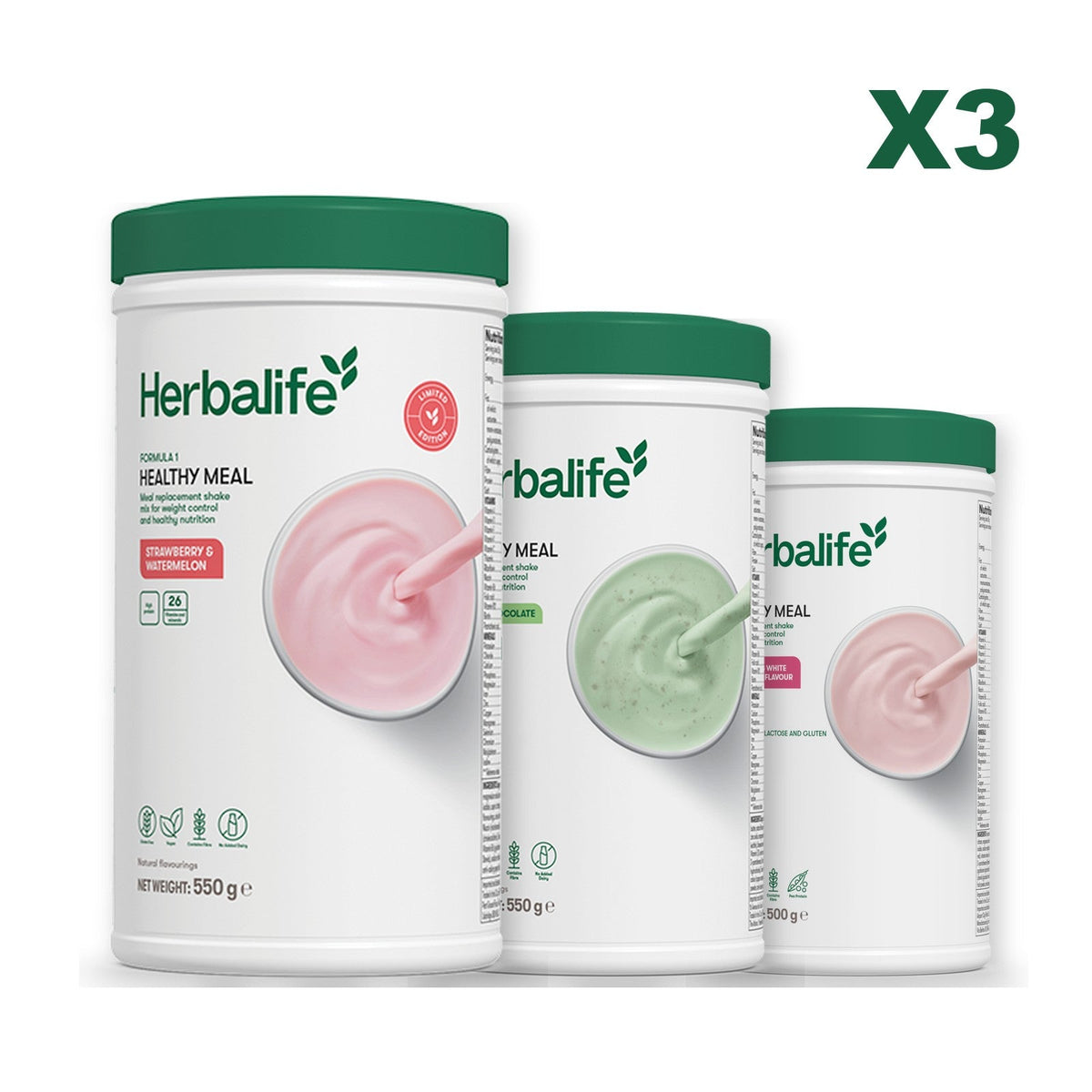 Formula 1 Strawberry Watermelon meal shake tub shown with two further Formula 1 tubs, Mint Chocolate / Free From Raspberry & White Chocolate