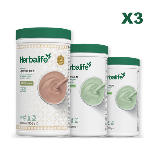 Formula 1 Dubai Style Chocolate meal shake tub shown with two further Formula 1 tubs, Mint Chocolate / Mint Chocolate