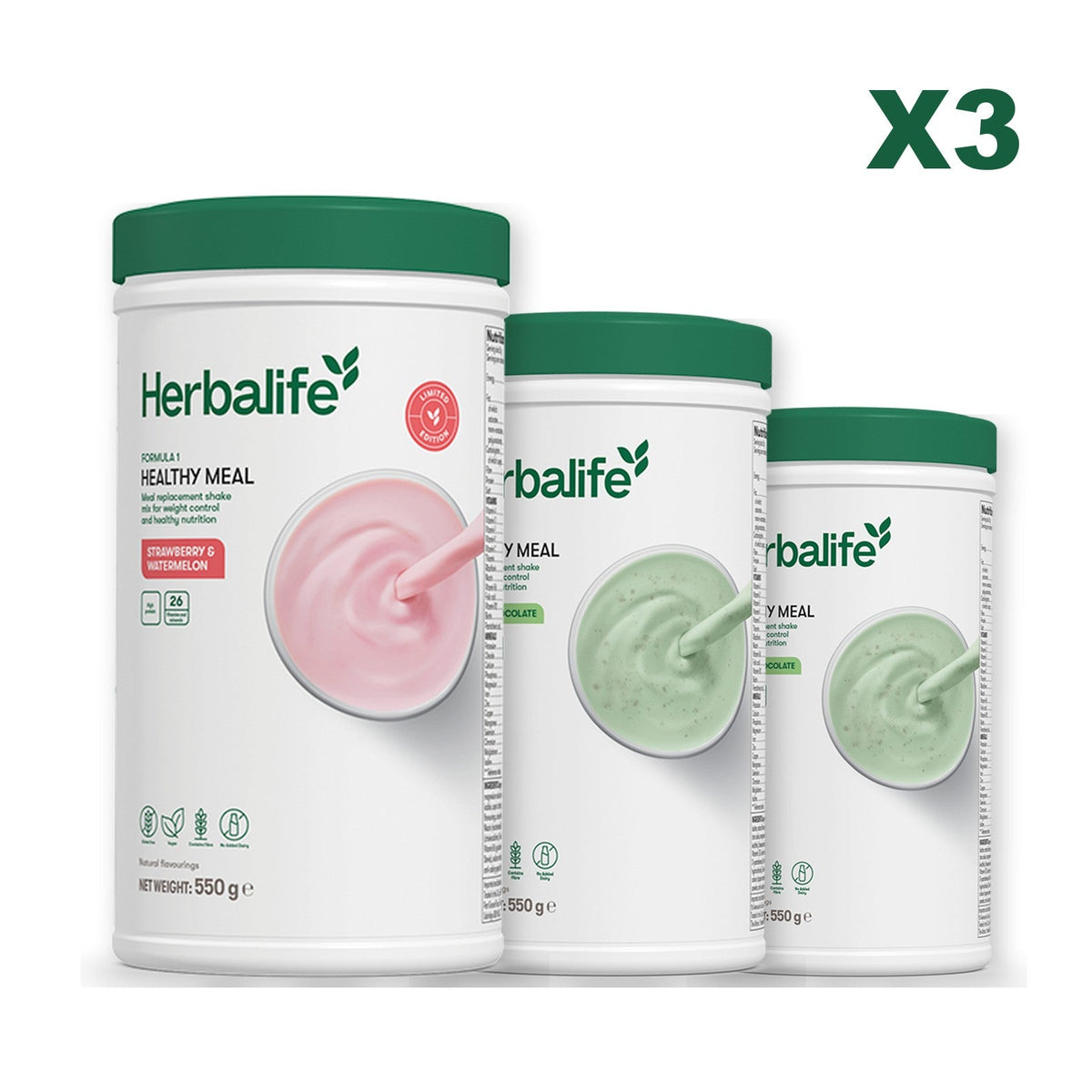 Formula 1 Strawberry Watermelon meal shake tub shown with two further Formula 1 tubs, Mint Chocolate / Mint Chocolate