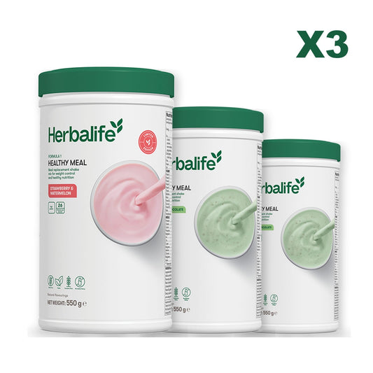 Formula 1 Strawberry Watermelon meal shake tub shown with two further Formula 1 tubs, Mint Chocolate / Mint Chocolate