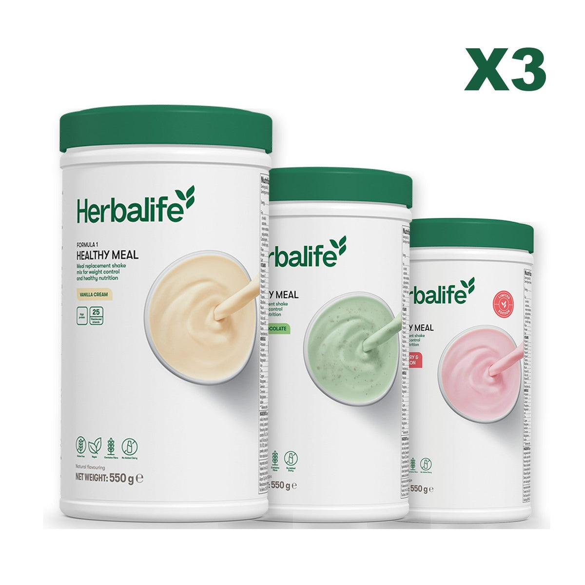 Three Formula 1 shake tubs led by Vanilla Cream, plus two flavours you choose, Mint Chocolate / Strawberry Watermelon