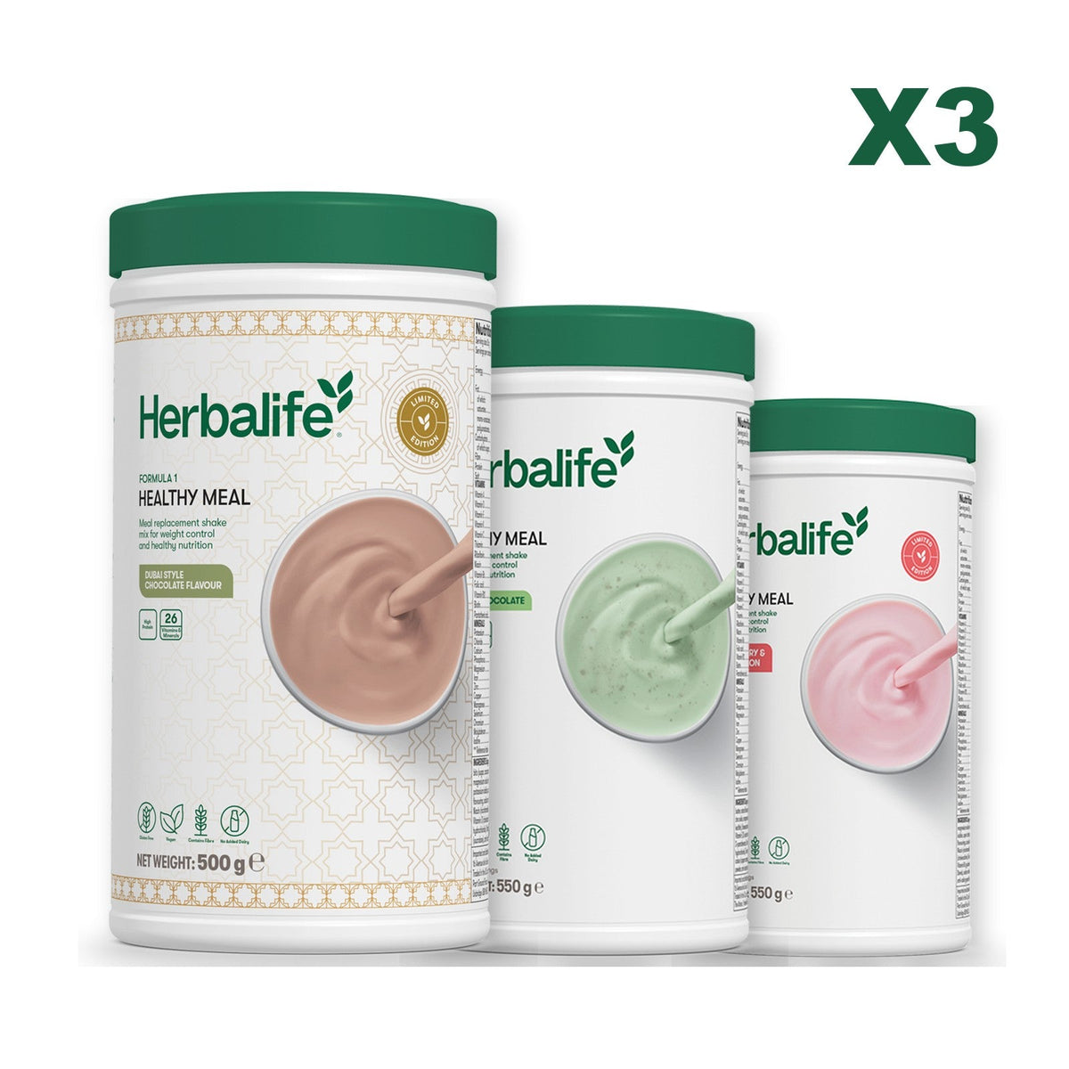 Formula 1 Dubai Style Chocolate meal shake tub shown with two further Formula 1 tubs, Mint Chocolate / Strawberry Watermelon