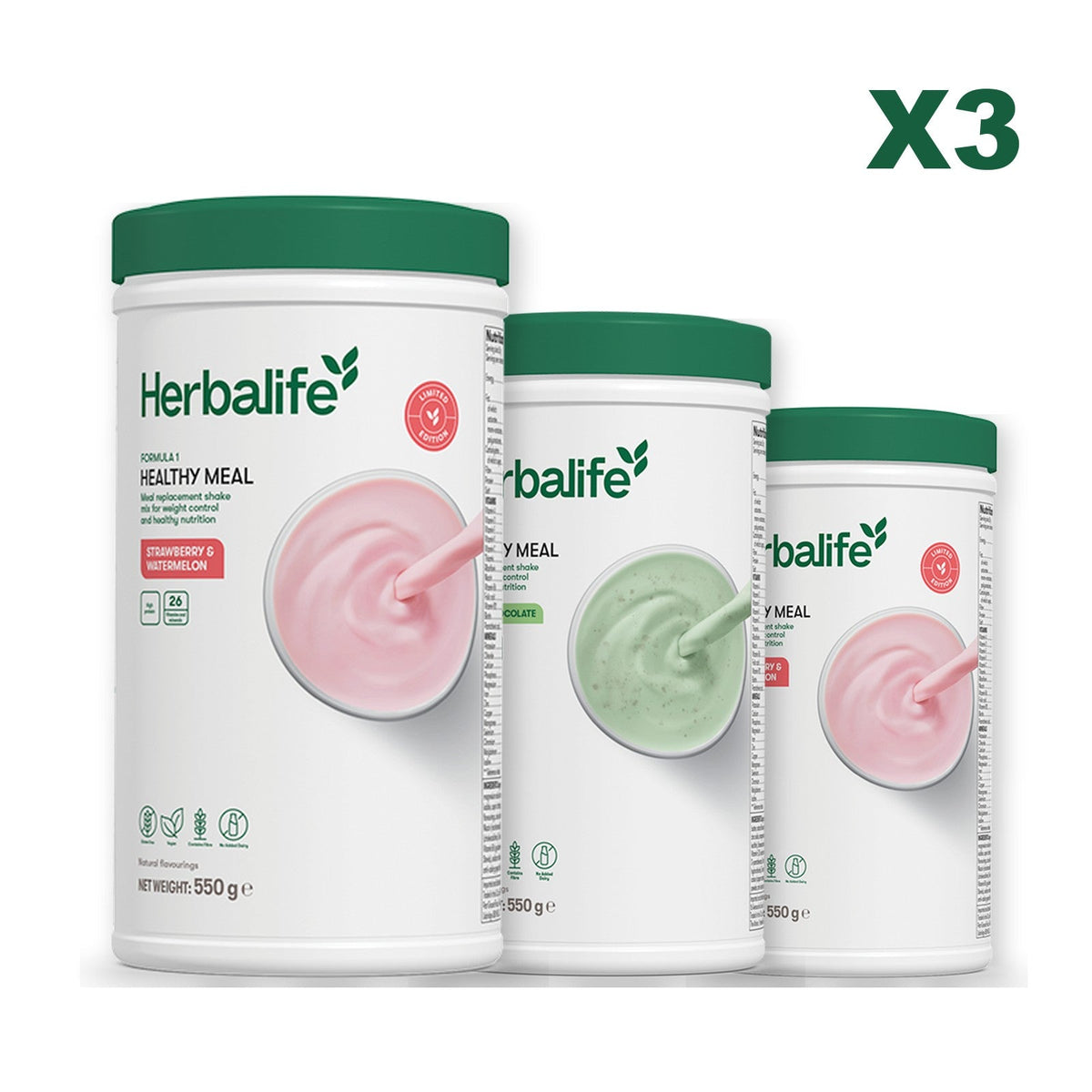 Formula 1 Strawberry Watermelon meal shake tub shown with two further Formula 1 tubs, Mint Chocolate / Strawberry Watermelon