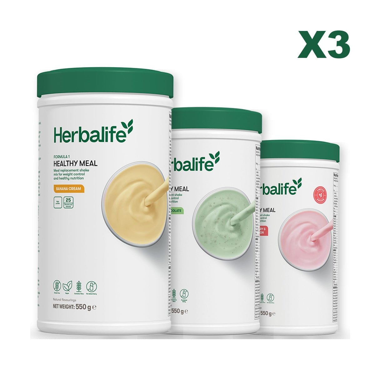 Three Formula 1 shake tubs led by Banana Cream, plus two flavours you choose, Mint Chocolate / Strawberry Watermelon