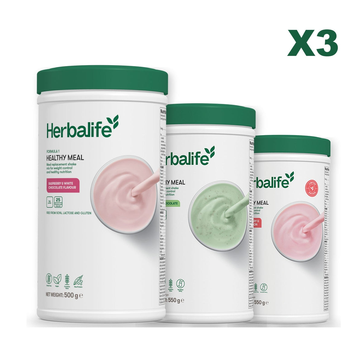 Three Formula 1 shake tubs led by Free From Raspberry and White Chocolate, plus two flavours you choose, Mint Chocolate / Strawberry Watermelon