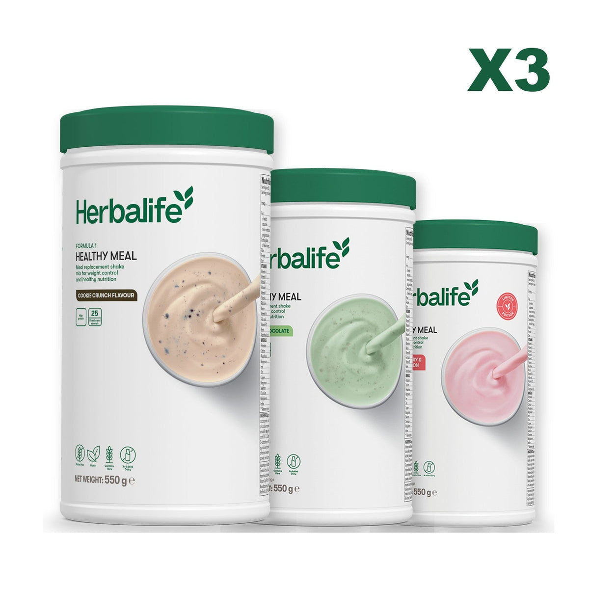 Three Formula 1 shake tubs led by Cookie Crunch, plus two flavours you choose, Mint Chocolate / Strawberry Watermelon