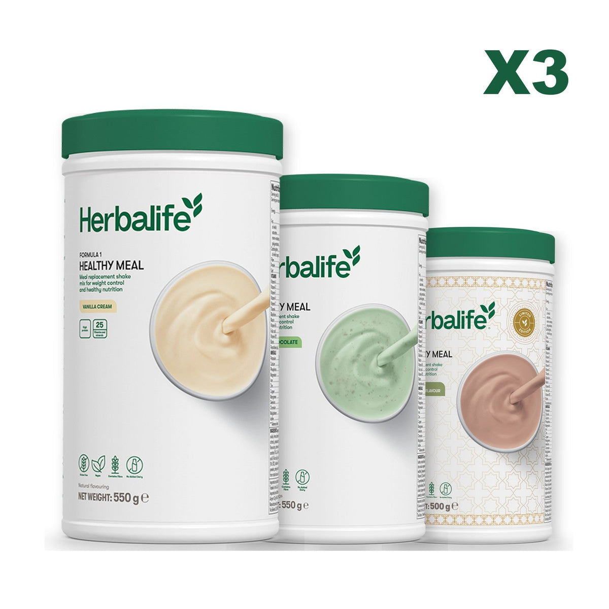 Three Formula 1 shake tubs led by Vanilla Cream, plus two flavours you choose, Mint Chocolate / Dubai Style Chocolate