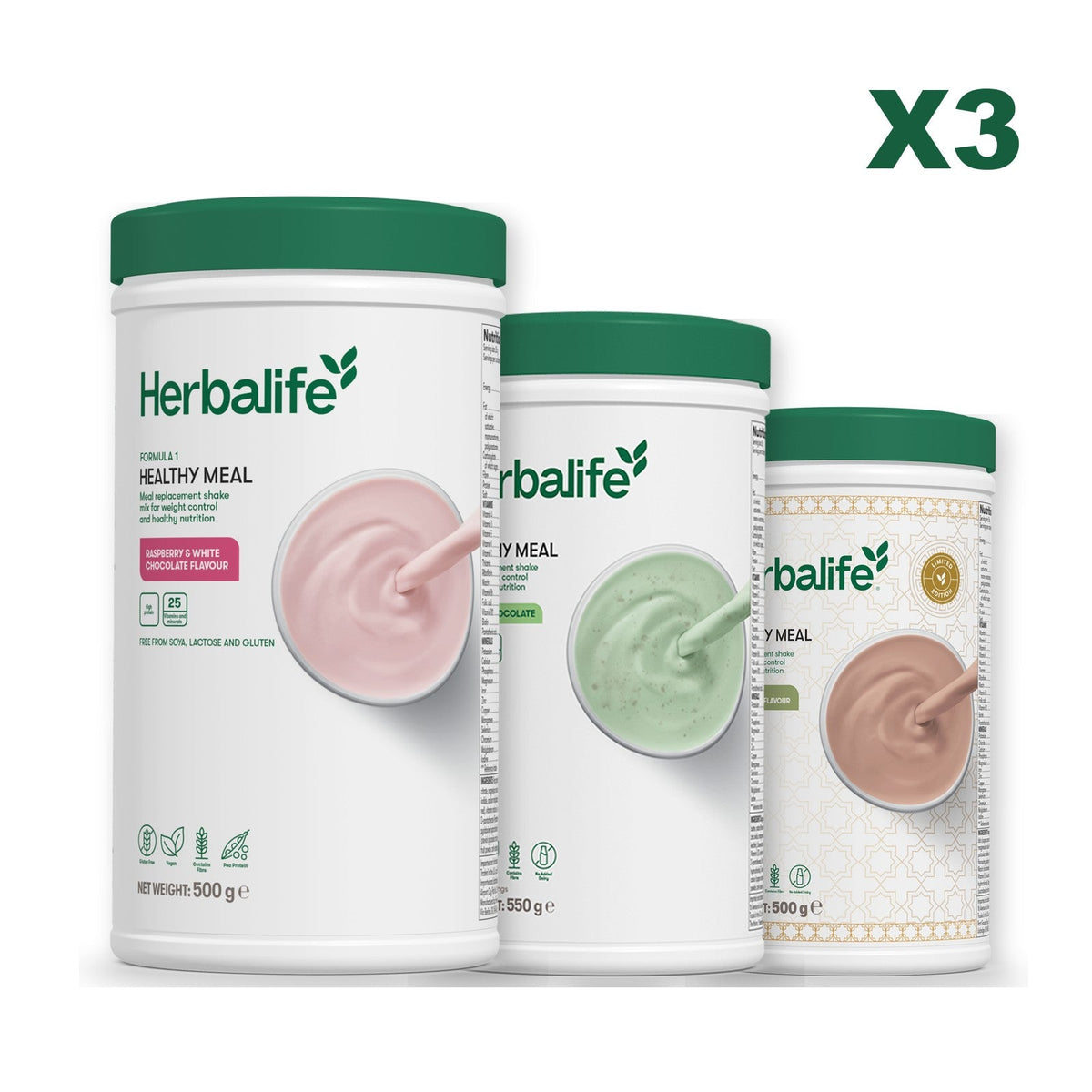 Three Formula 1 shake tubs led by Free From Raspberry and White Chocolate, plus two flavours you choose, Mint Chocolate / Dubai Style Chocolate