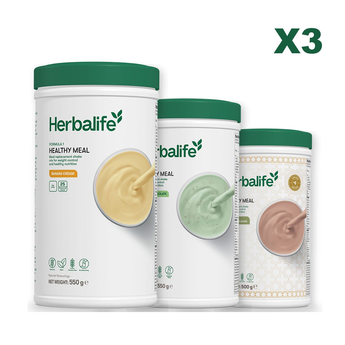 Three Formula 1 shake tubs led by Banana Cream, plus two flavours you choose, Mint Chocolate / Dubai Style Chocolate
