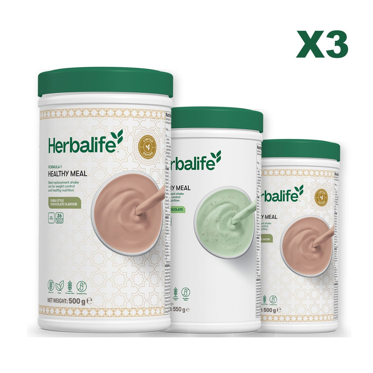 Formula 1 Dubai Style Chocolate meal shake tub shown with two further Formula 1 tubs, Mint Chocolate / Dubai Style Chocolate