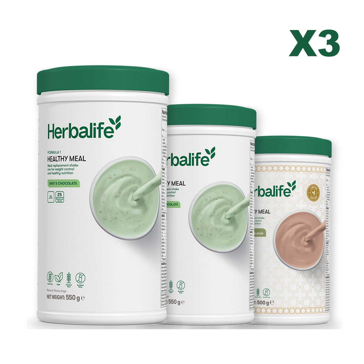 Three Formula 1 shake tubs led by Mint Chocolate, plus two flavours you choose, Mint Chocolate / Dubai Style Chocolate