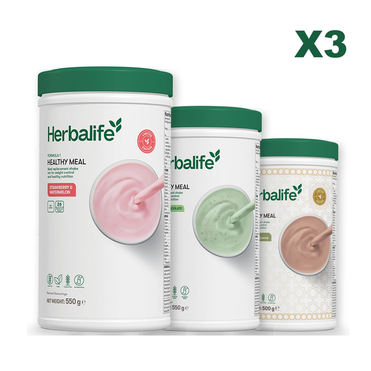 Formula 1 Strawberry Watermelon meal shake tub shown with two further Formula 1 tubs, Mint Chocolate / Dubai Style Chocolate