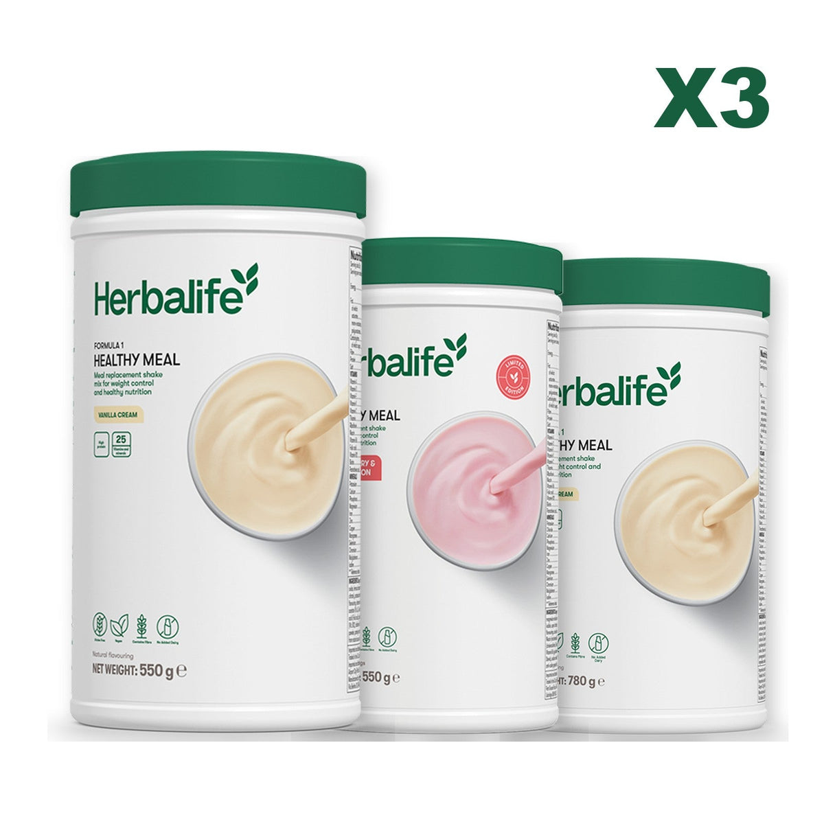 Three Formula 1 shake tubs led by Vanilla Cream, plus two flavours you choose, Strawberry Watermelon / Vanilla (Large 780g)