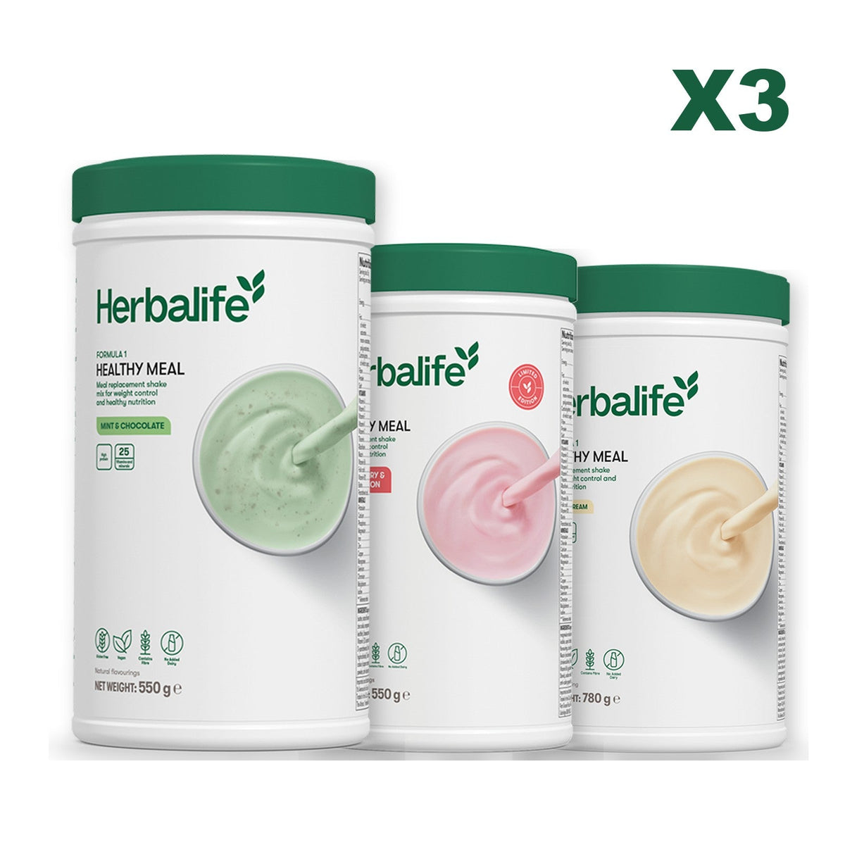 Three Formula 1 shake tubs led by Mint Chocolate, plus two flavours you choose, Strawberry Watermelon / Vanilla (Large 780g)