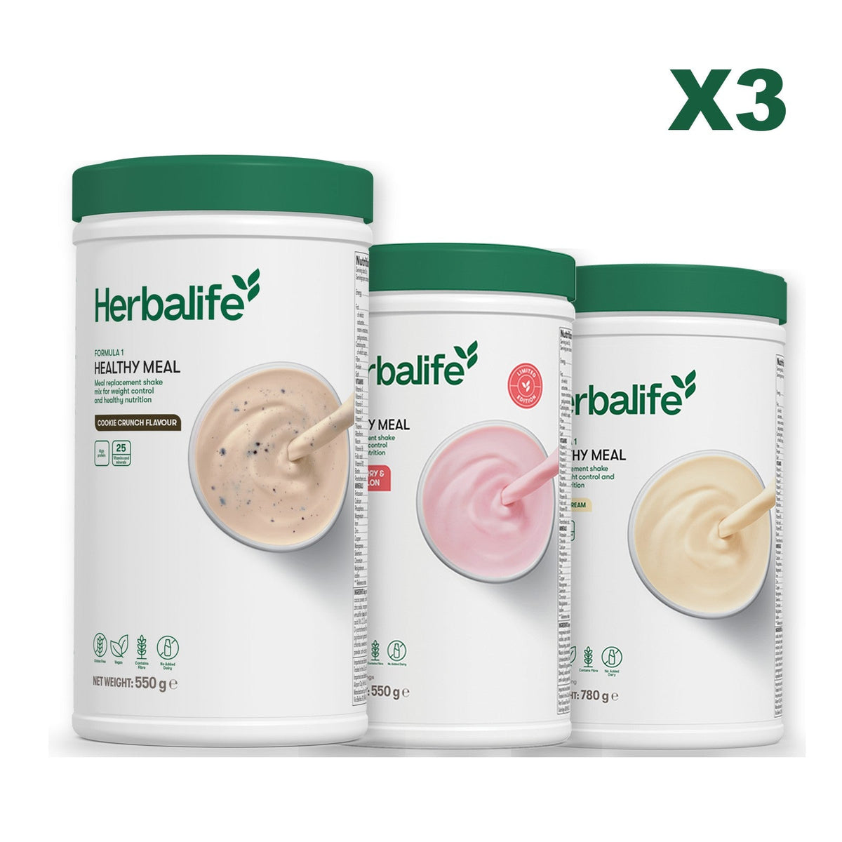 Three Formula 1 shake tubs led by Cookie Crunch, plus two flavours you choose, Strawberry Watermelon / Vanilla (Large 780g)