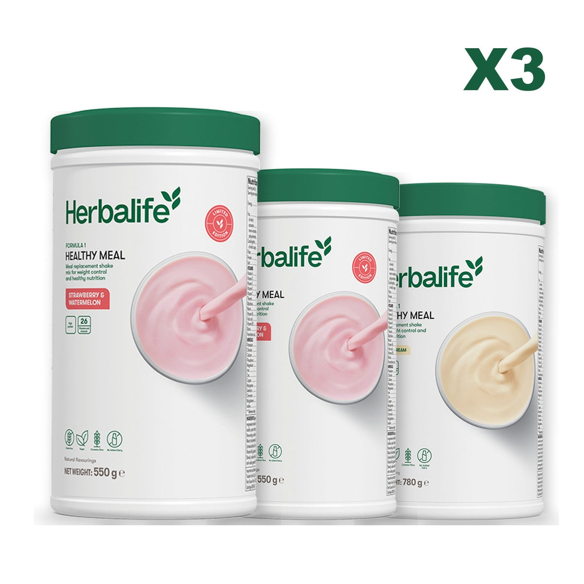 Formula 1 Strawberry Watermelon meal shake tub shown with two further Formula 1 tubs, Strawberry Watermelon / Vanilla (Large 780g)