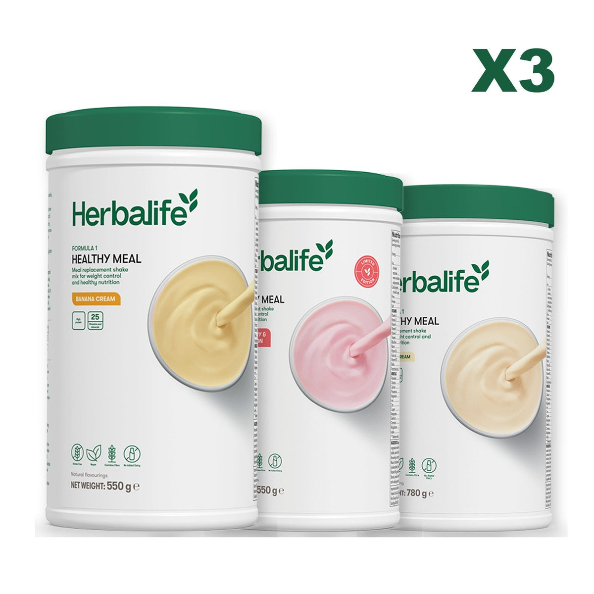Three Formula 1 shake tubs led by Banana Cream, plus two flavours you choose, Strawberry Watermelon / Vanilla (Large 780g)